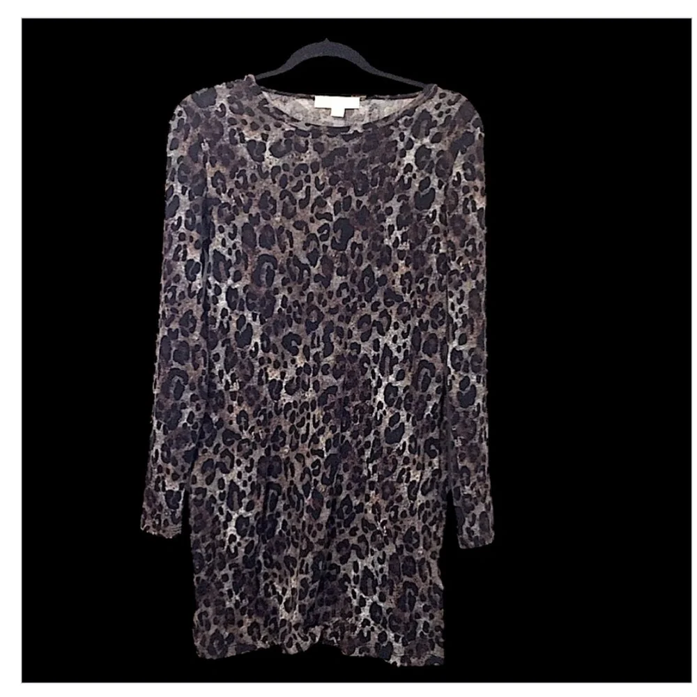 Michael Kors Woman’s Long Sleeve Black Brown Leopard Print Mini Sweater Dress M